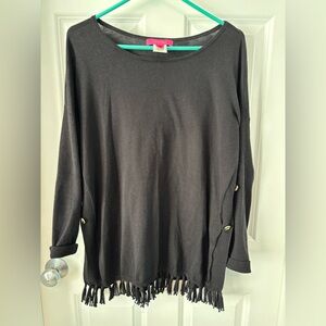 Lilly Pulitzer Ramona Black Fringe Crewneck Sweater Gold Buttons Size M - VGUC!